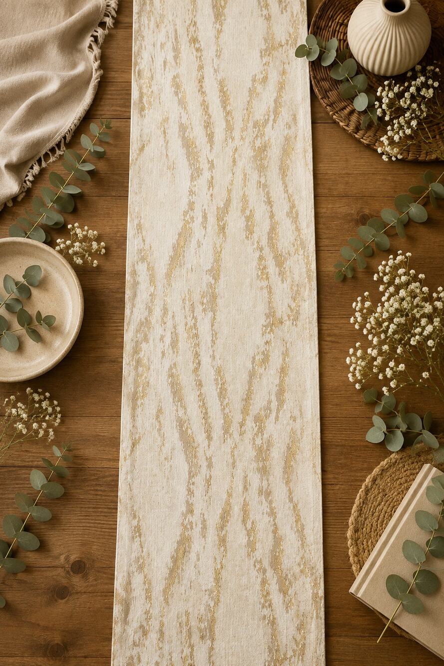 West Elm Metallic Jacquard Table Runner Ivory Gold Linen Blend Modern Glam 14x90
